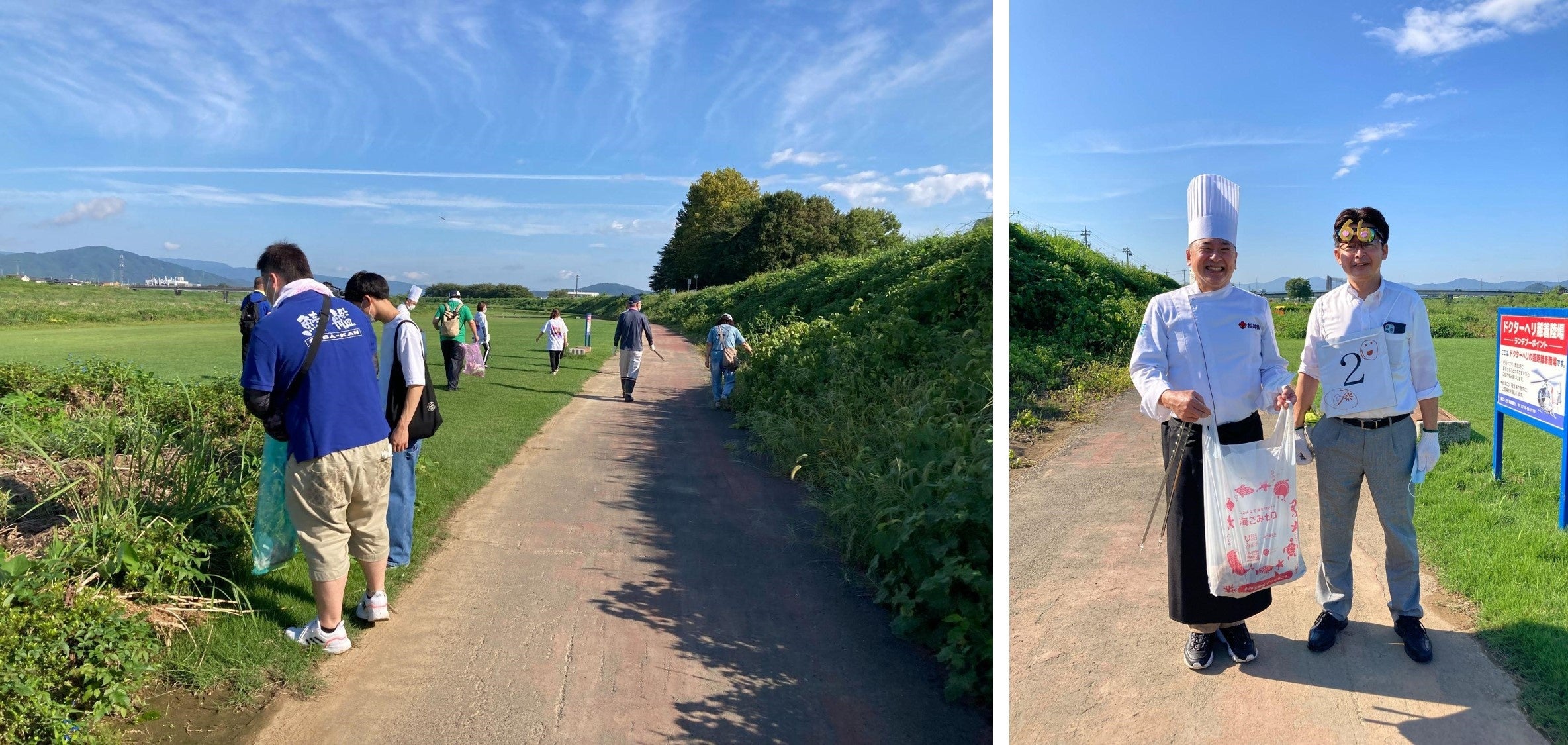 （左）ごみ拾いの様子　（右）鯖江市の佐々木市長と野坂実行委員長