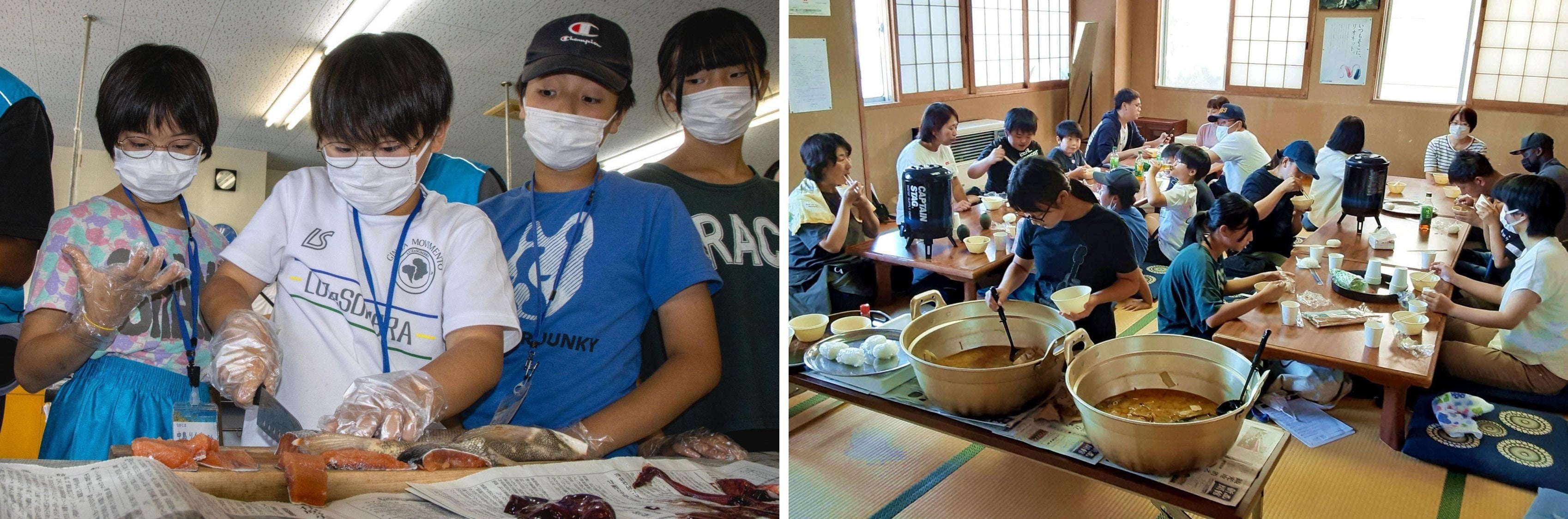 （写真左：まさに「匠の眼差し」！）（写真右：おかわり殺到の石狩鍋）