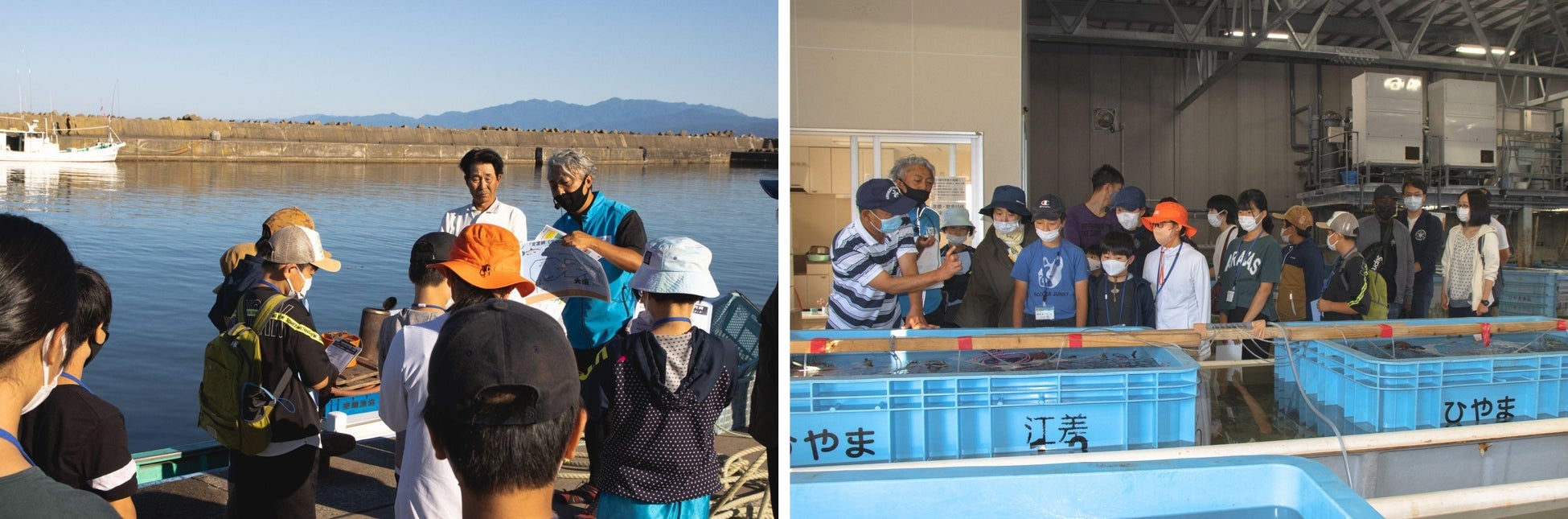 (写真左:能登さんのお話を熱心にメモ)(写真右:ナマコの種苗養殖設備も見学)