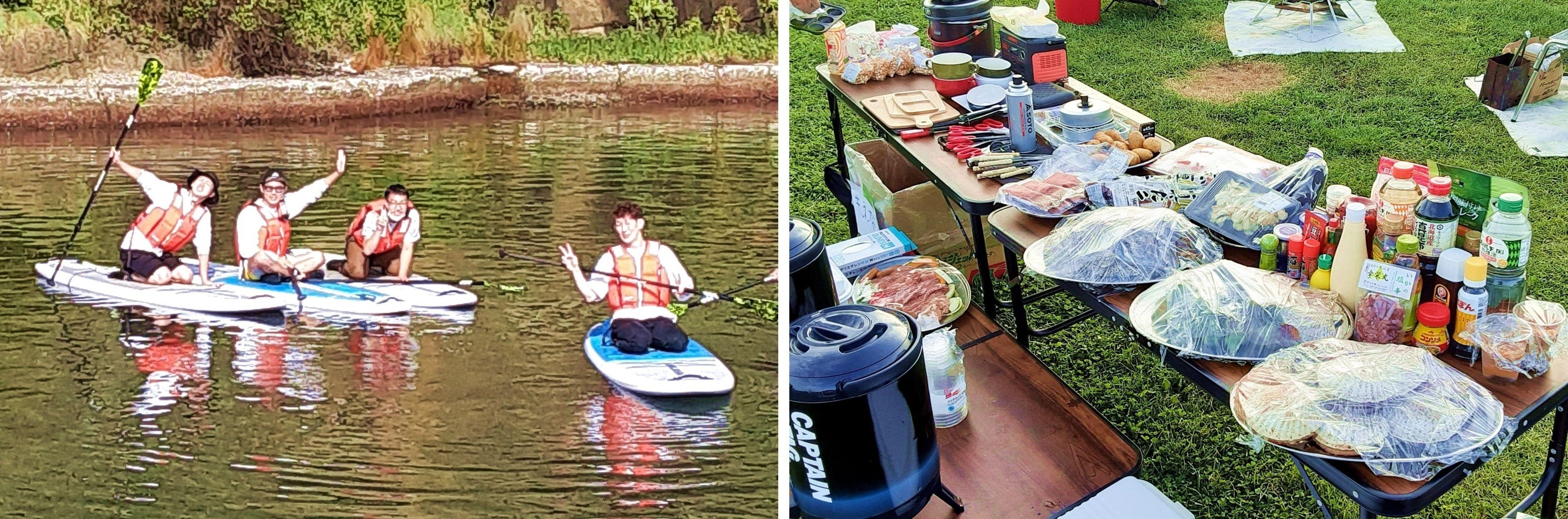 （写真左：SUP体験を楽しむクルーの皆さん）（写真右：会場に並べられた食材やグッズ）