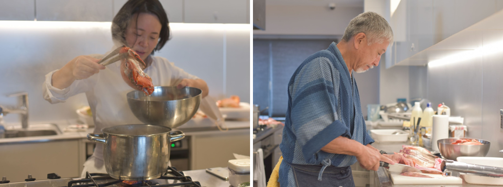 （左）ゲストシェフのうすいはなこさん　　（右）助っ人の小川貢一さん