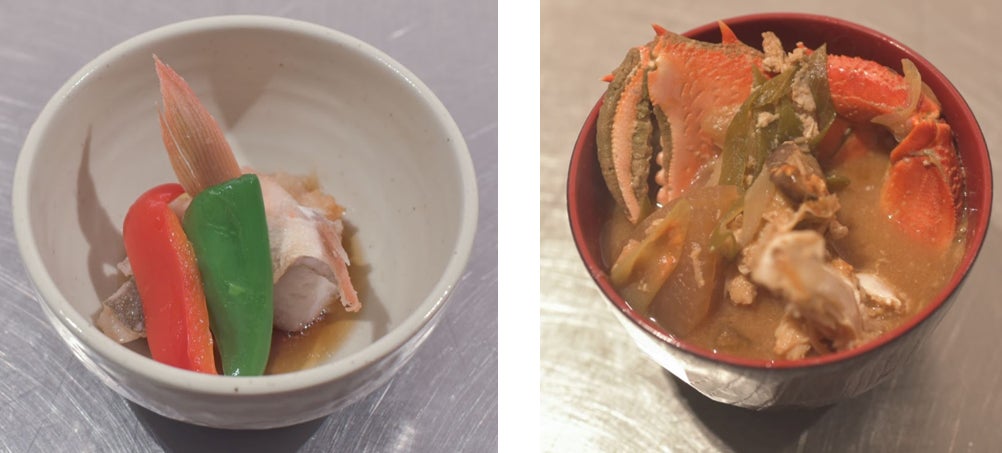 (左)佐渡の赤メバル揚げ出し  (右)奄美大島のアサヒガニの味噌汁