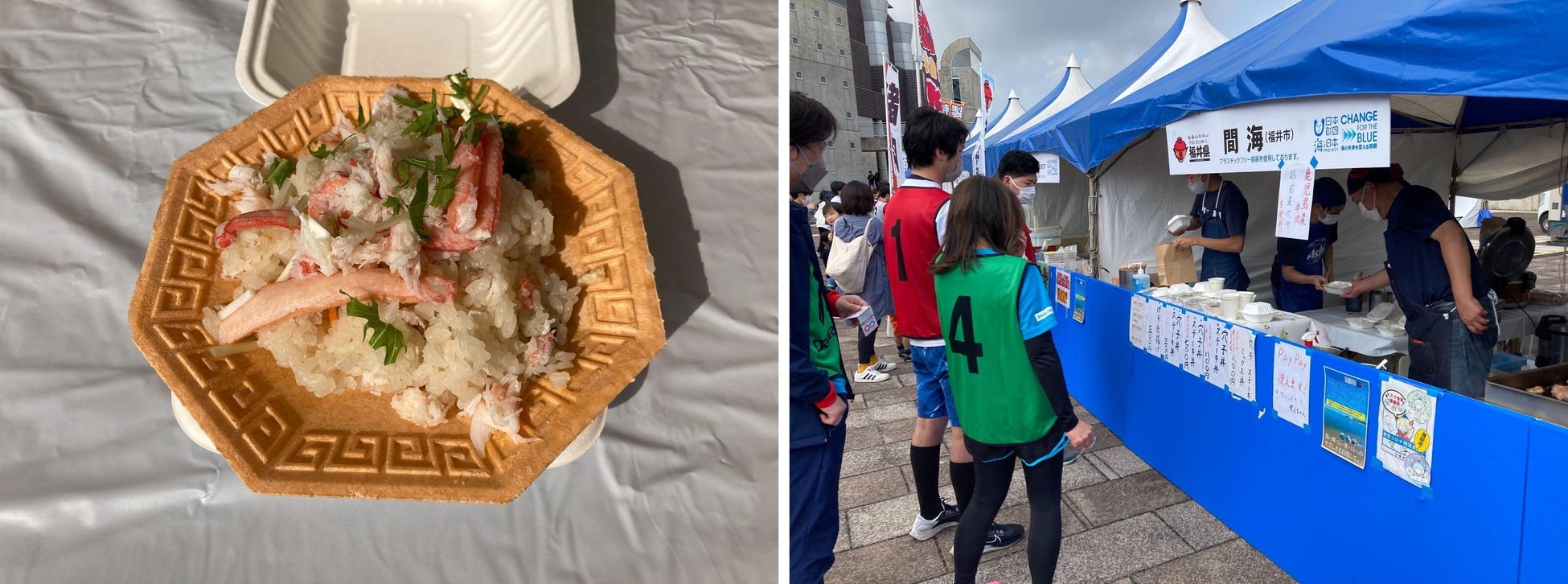 (左)ブラッシュアップした食べられる丼(右)店舗看板やパネルでプラスチックフリーをPR