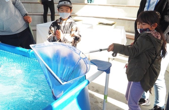 △会場内に設置された特設プールからブリを捕まえる様子