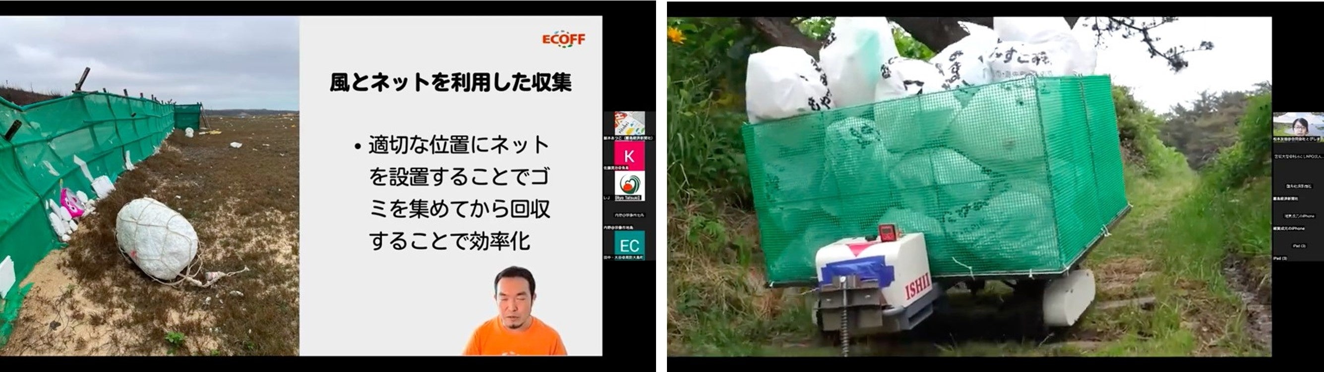 （左）風とネットを利用した台湾での海洋ごみ回収事例紹介（村おこしNPO法人ECOFF） （右）飛島では教育機関や企業と連携し自動走行する海洋ごみ回収ロボットも開発中（合同会社とびしま）