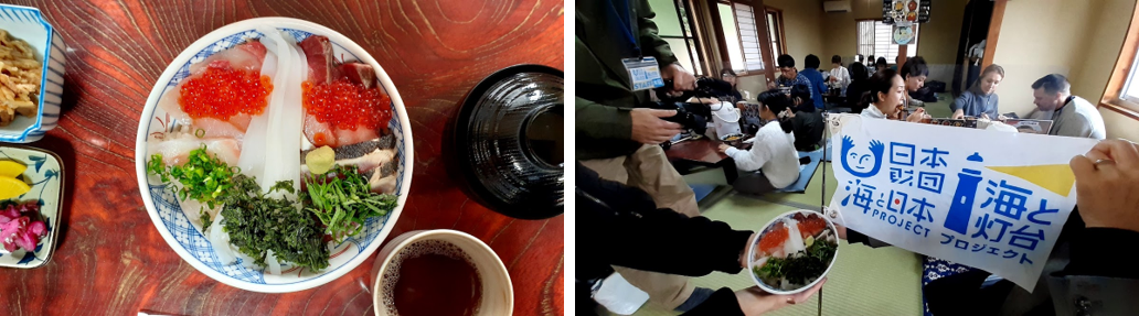 ▲灯台海鮮丼（特産シロイカで灯台、イクラが灯り）