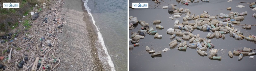（左）ドローンで空撮した海岸のごみ（右）浮遊する川ごみ