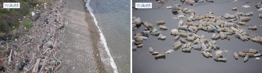 (左)ドローンで空撮した海岸のごみ(右)浮遊する川ごみ