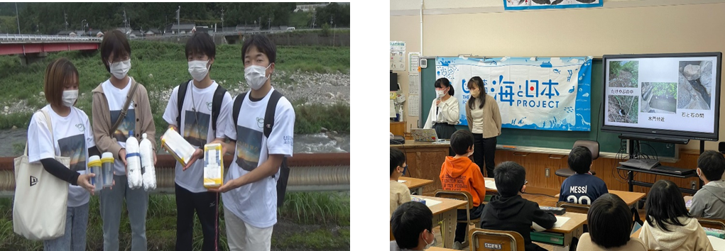 （左）GPS付きの模擬ごみを使った調査（右）智頭小学校での出前授業 