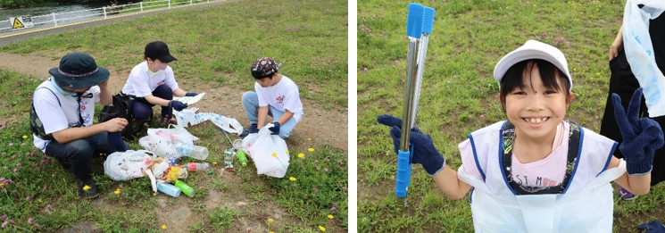 （左）ごみを分別する参加者（右）楽しくごみ拾い！