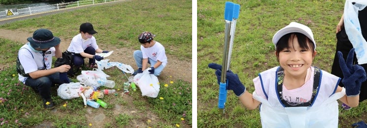 (左)ごみを分別する参加者(右)楽しくごみ拾い!
