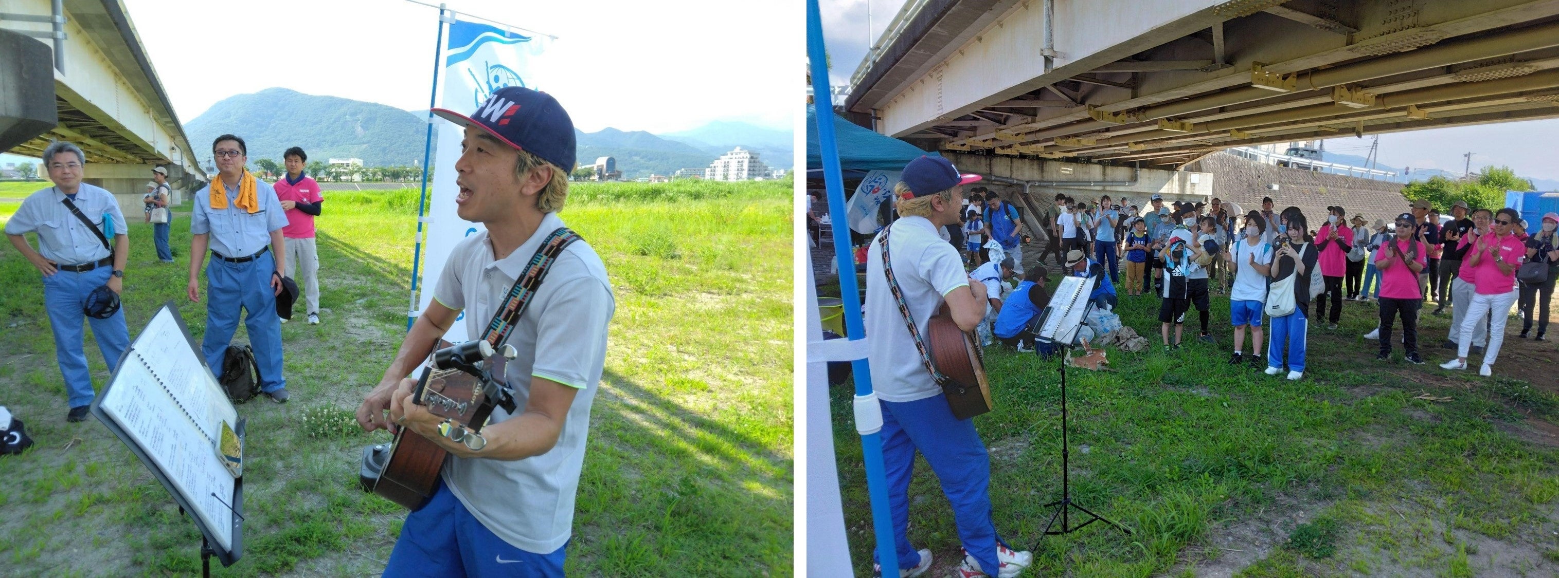 （左）「君は青い風」などを披露する神部冬馬さん（右）熱戦の後に爽やかな歌声が流れました
