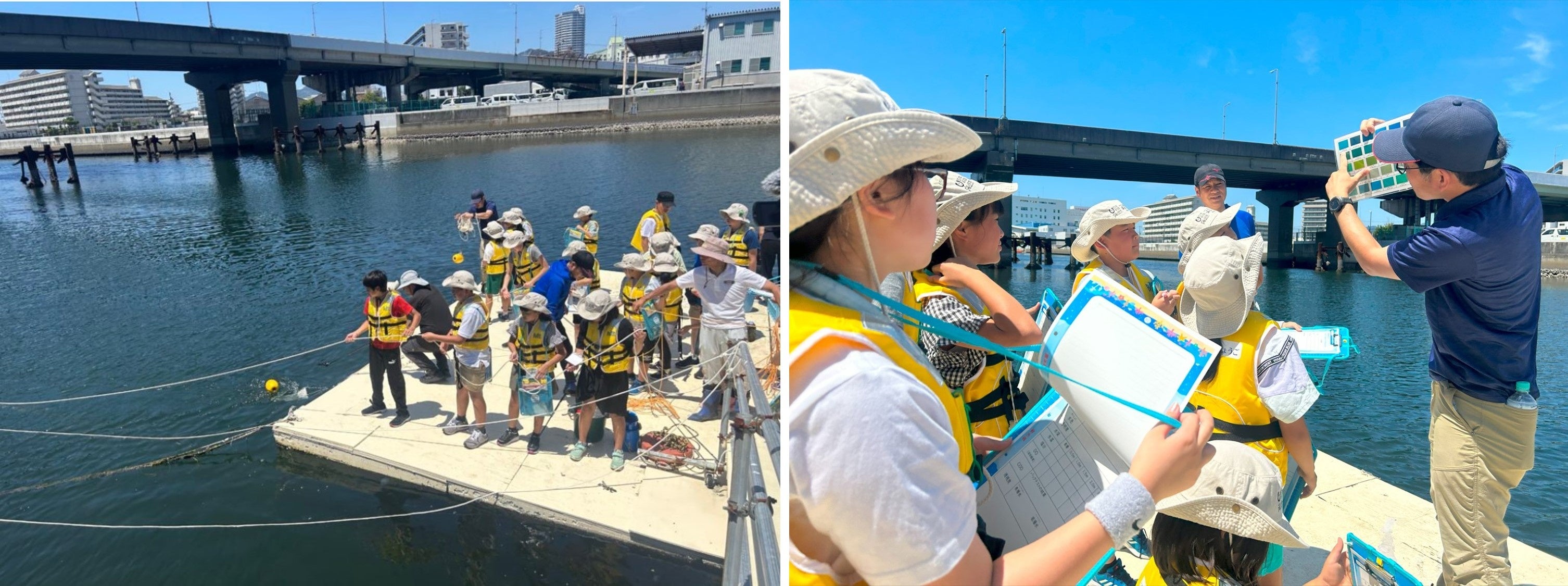 （左）プランクトンネットの引き上げ（右）水の色・透明度調査
