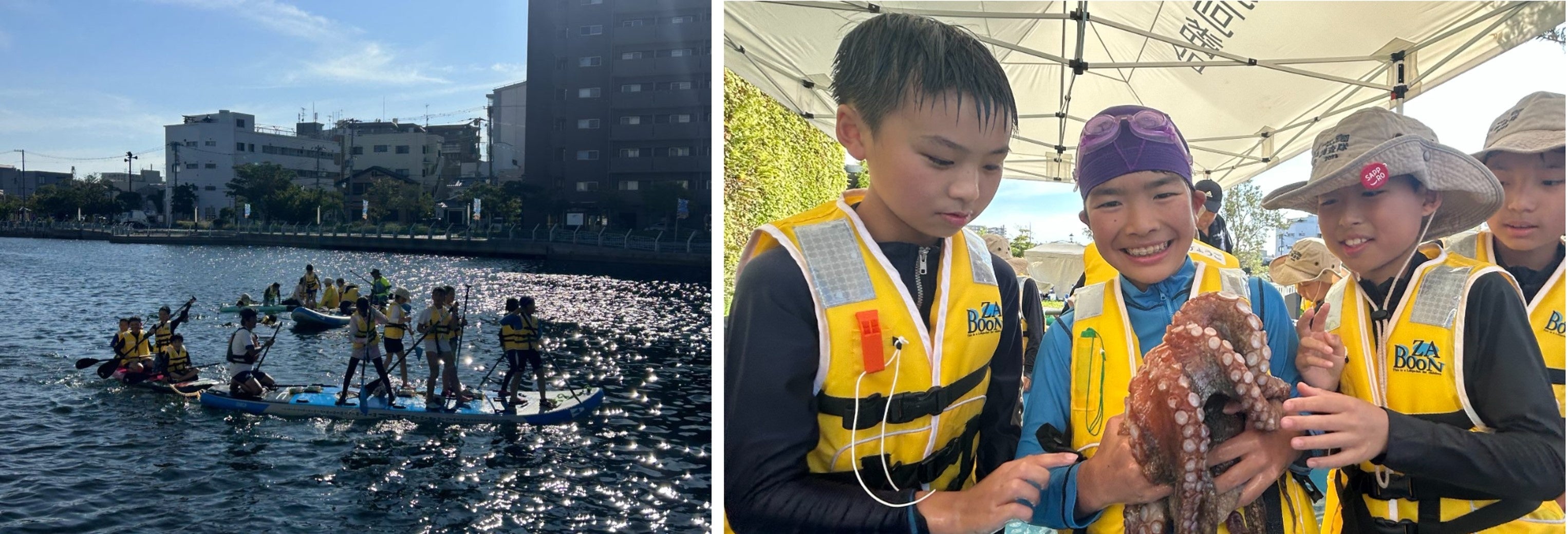 （左）兵庫運河でSUP体験！（右）あつまれ生き物の浜でとれたタコに触れる
