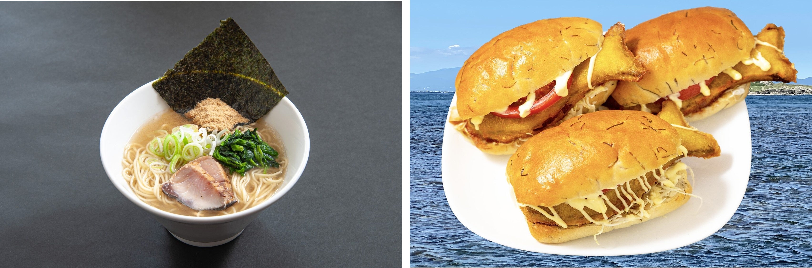 出店例：函館ブリ塩ラーメン（左）、ホッケドッグ（右）