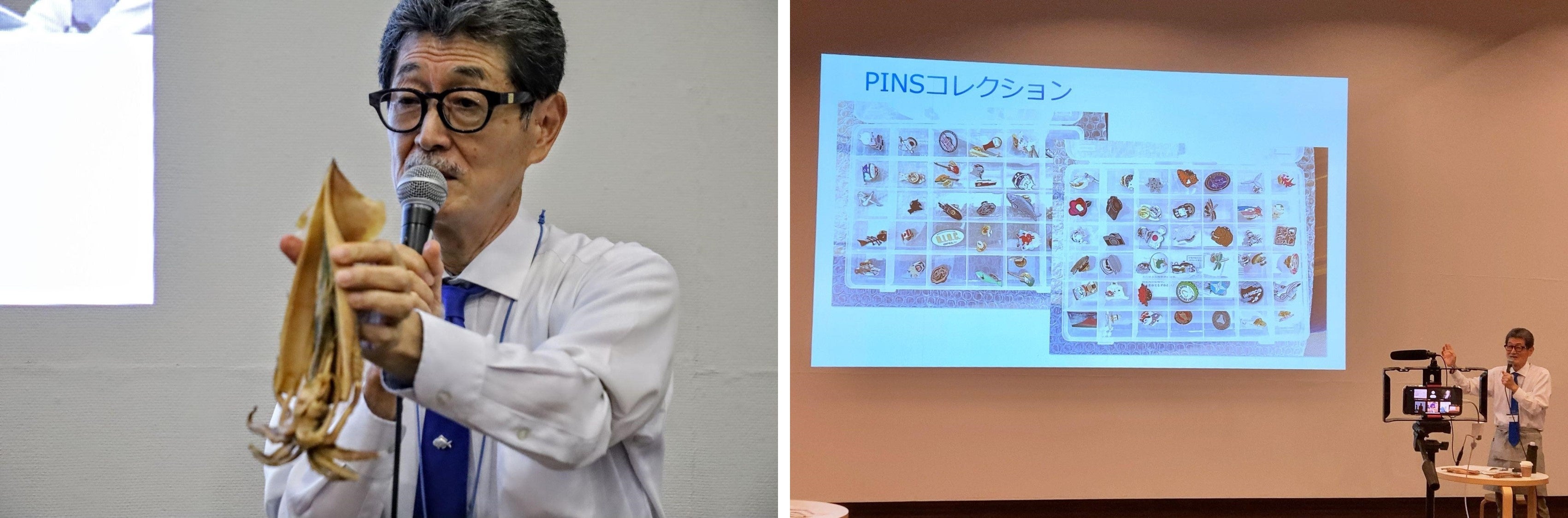 左：コーティングされた解剖用イカ（本物です）　右：ピンズのコレクション