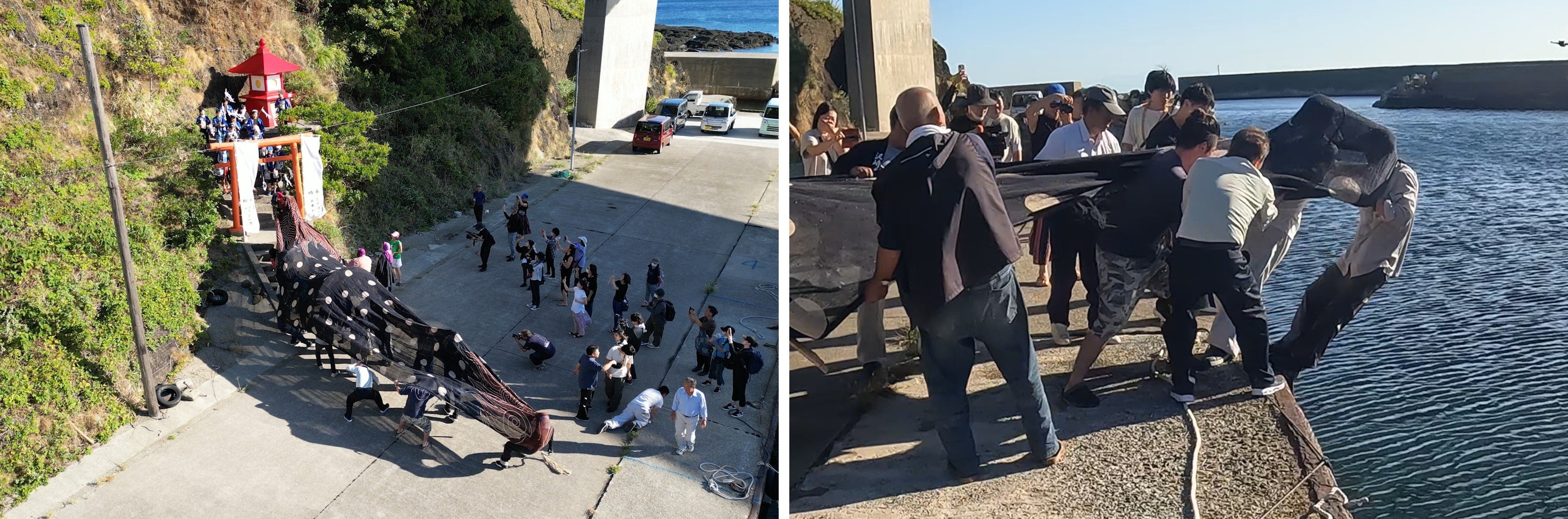 港にやってきた大獅子。尾が岸壁から海に…。