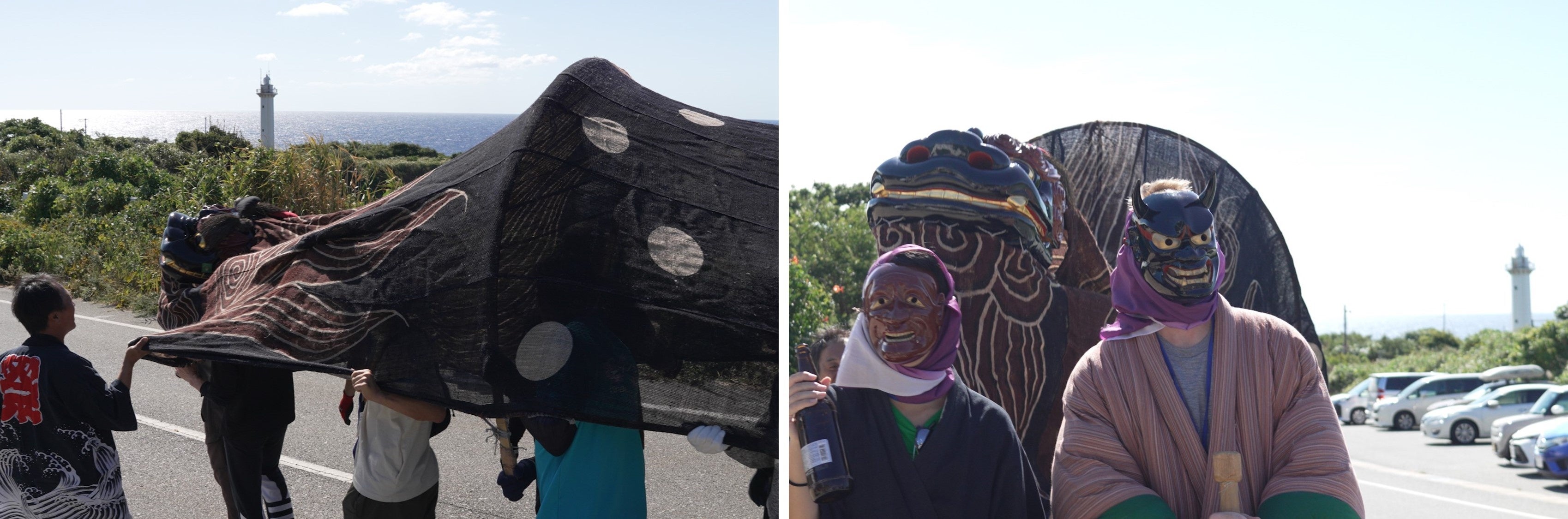 奉納に向かう大獅子。背後に沢崎鼻灯台が見えます