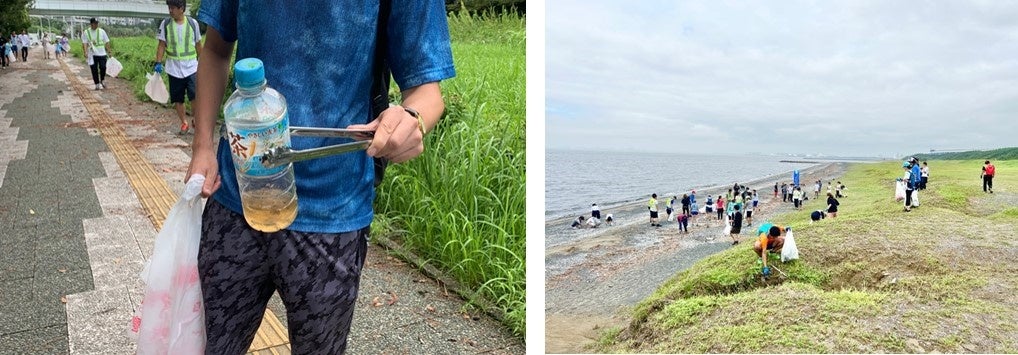 【左写真】海岸へ向かう途中で回収したペットボトルごみ 【右写真】2チームが海岸で合流する様子