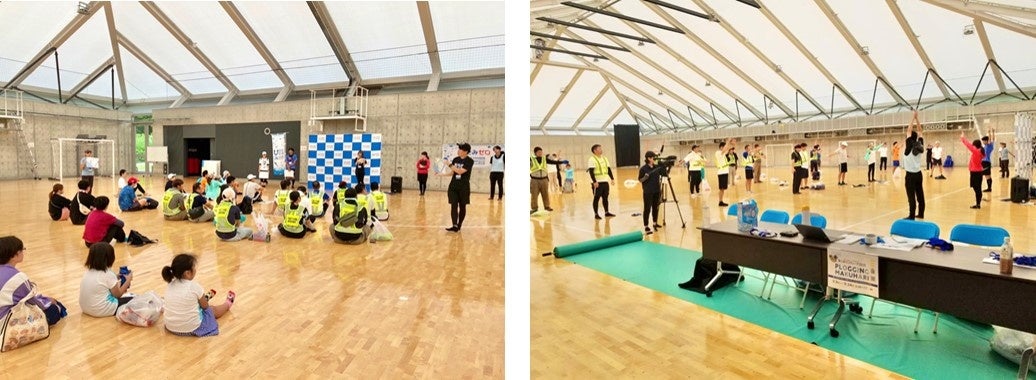 【左写真】開会式の様子 【右写真】準備運動の様子