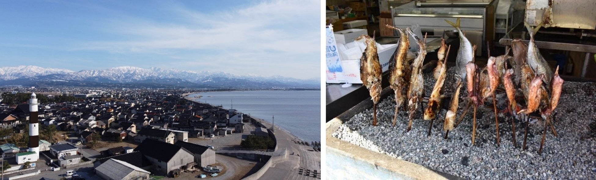 (左)漁村の中に立地する白黒の生地鼻灯台(右)再現される「タテ焼き」※イメージ