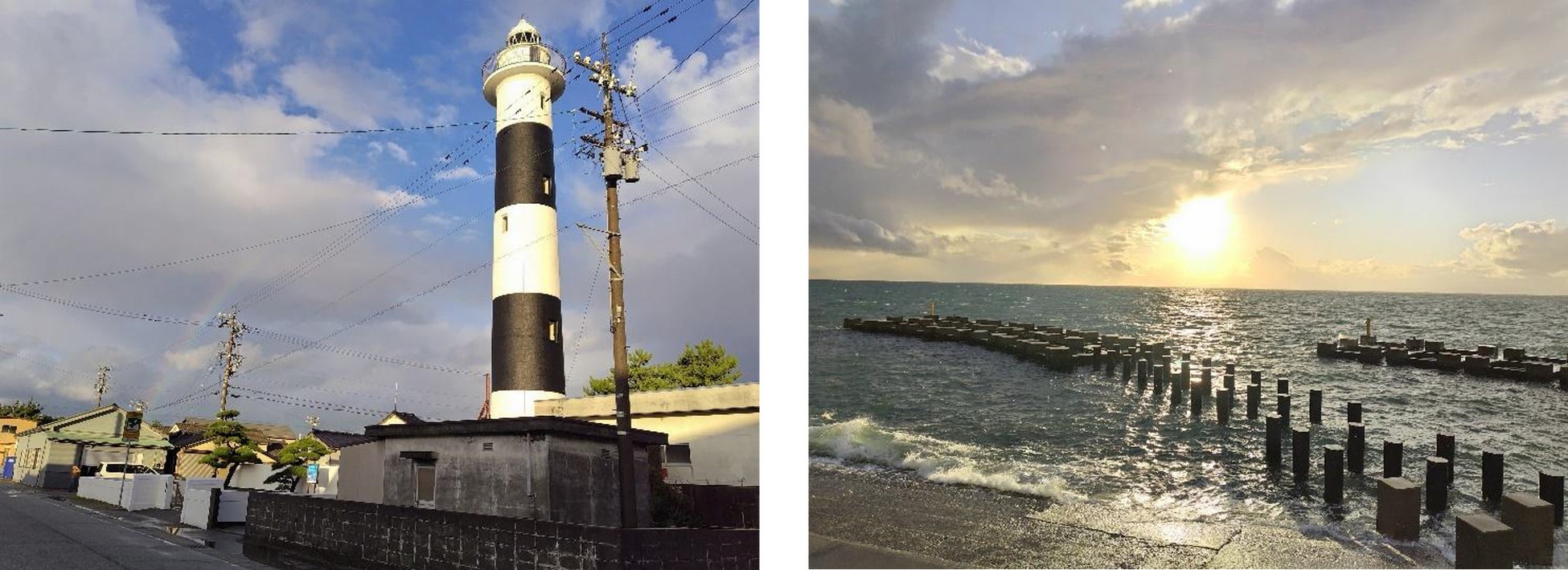ナイトマーケットに移行する夕方には灯台に虹が! 日本夕陽百選の一つ。荒天にもイベントは負けません。