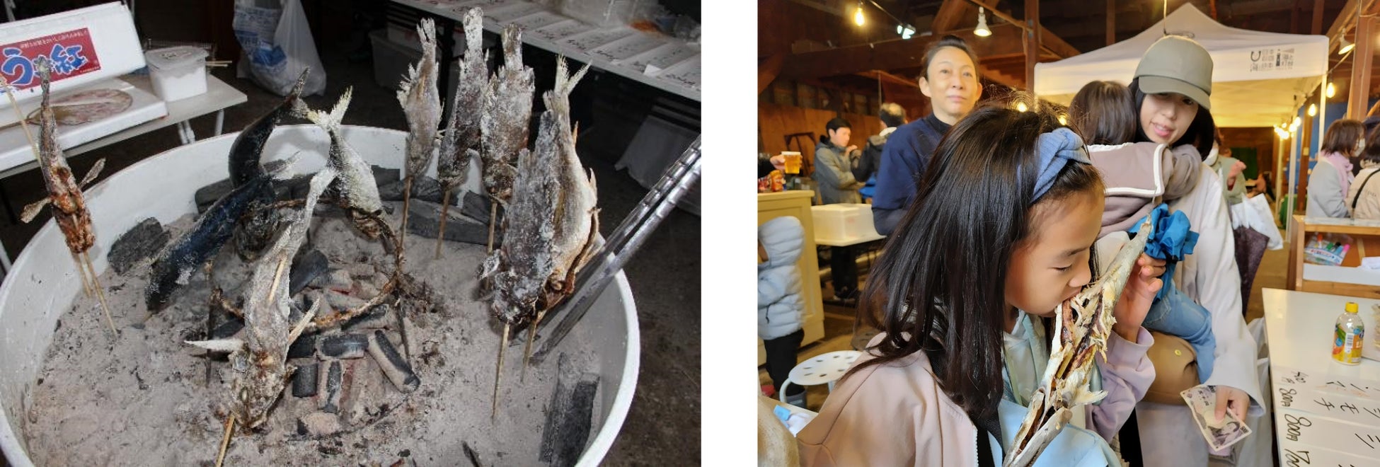 生地の伝統料理法「たて焼き」この日は約100尾売れました。 子供も「たて焼き」をまるごとほおばってます。