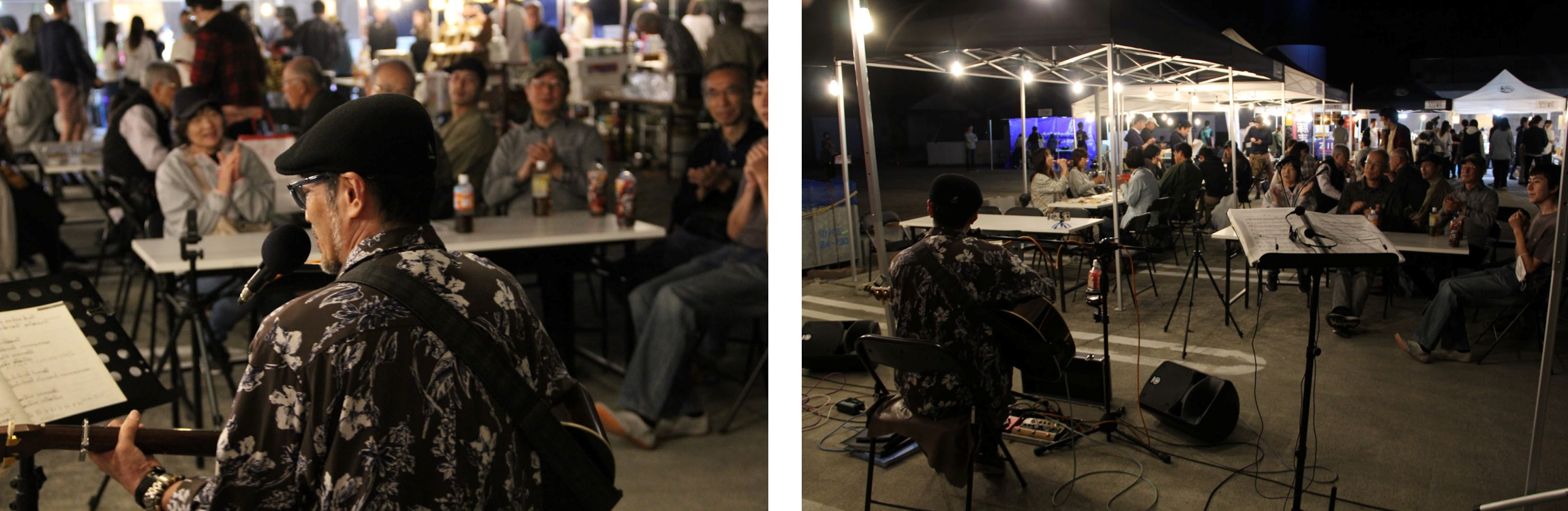 ステージでは、地元のミュージシャンが絶え間なく演奏を　ステージは段差を付けず、あえて観客目線で設定しました