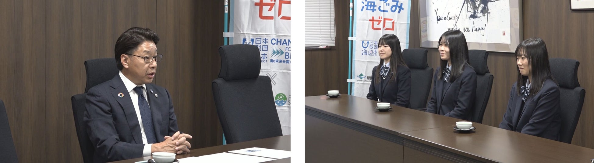 (写真左)笛吹市長 (写真右)左から榎本さん、塚野さん、河西さん