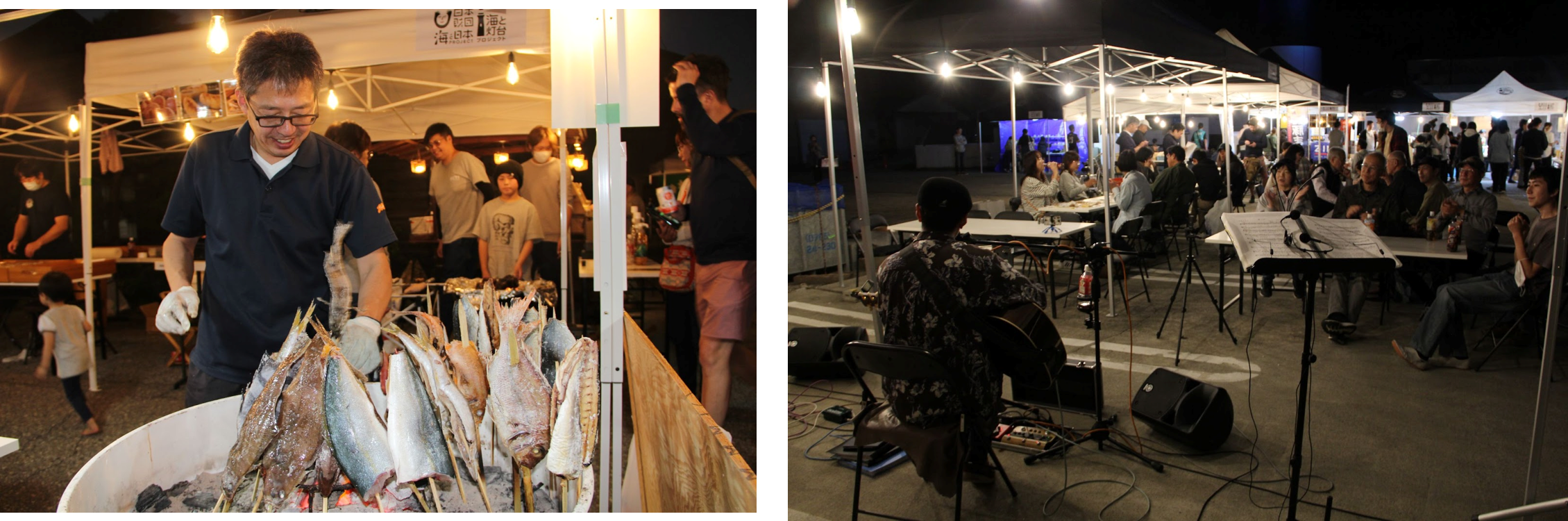 再現される伝統の調理法「たて焼き」　　　　　　　ステージでは、地元のミュージシャンが絶え間なく演奏を