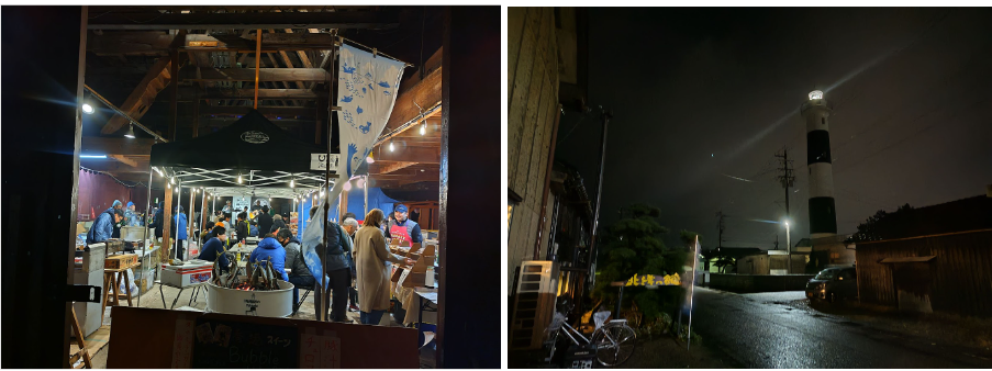 あたたかな倉庫の中は、外の暴風雨とは別世界　　　　暴風雨により安全性が保たれないので、灯台のライトアップも中止に