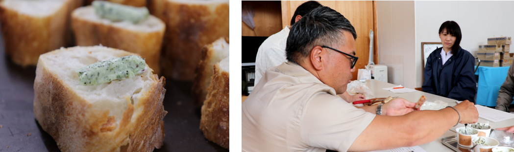 （写真左）海藻バター　　　　　　　　　　　　（写真右）試作会の様子
