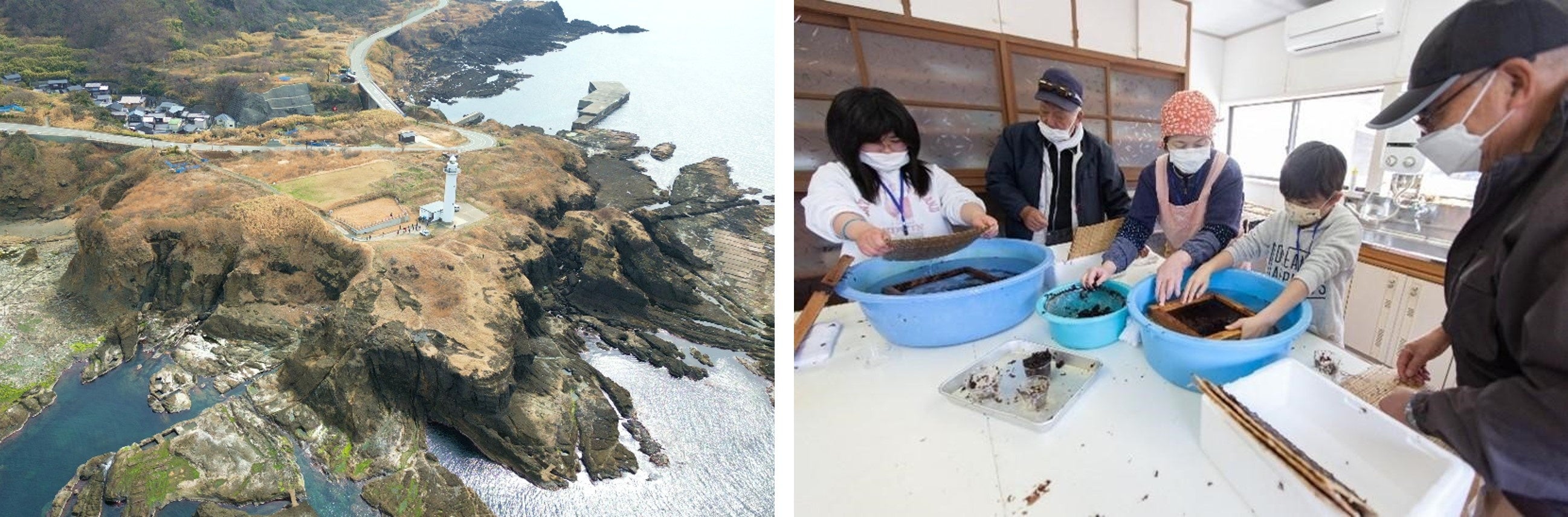 （左）沢崎集落と沢崎鼻灯台（右）沢崎産岩のりを使った板のりづくり