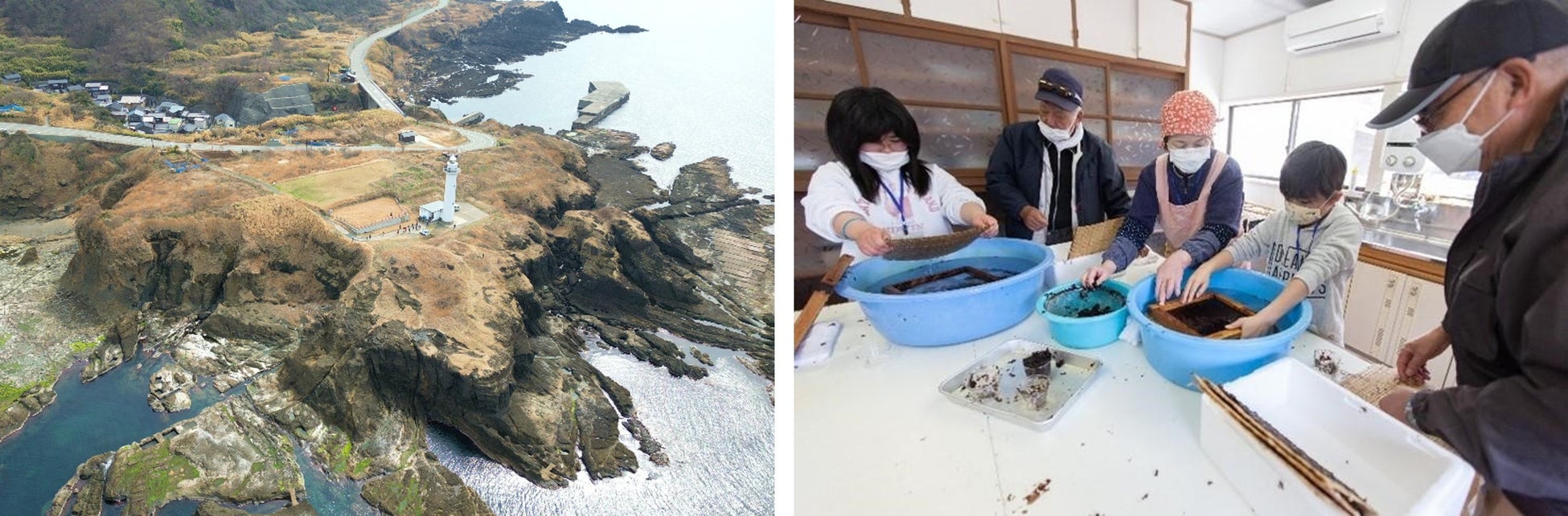 (左)沢崎集落と沢崎鼻灯台(右)沢崎産岩のりを使った板のりづくり