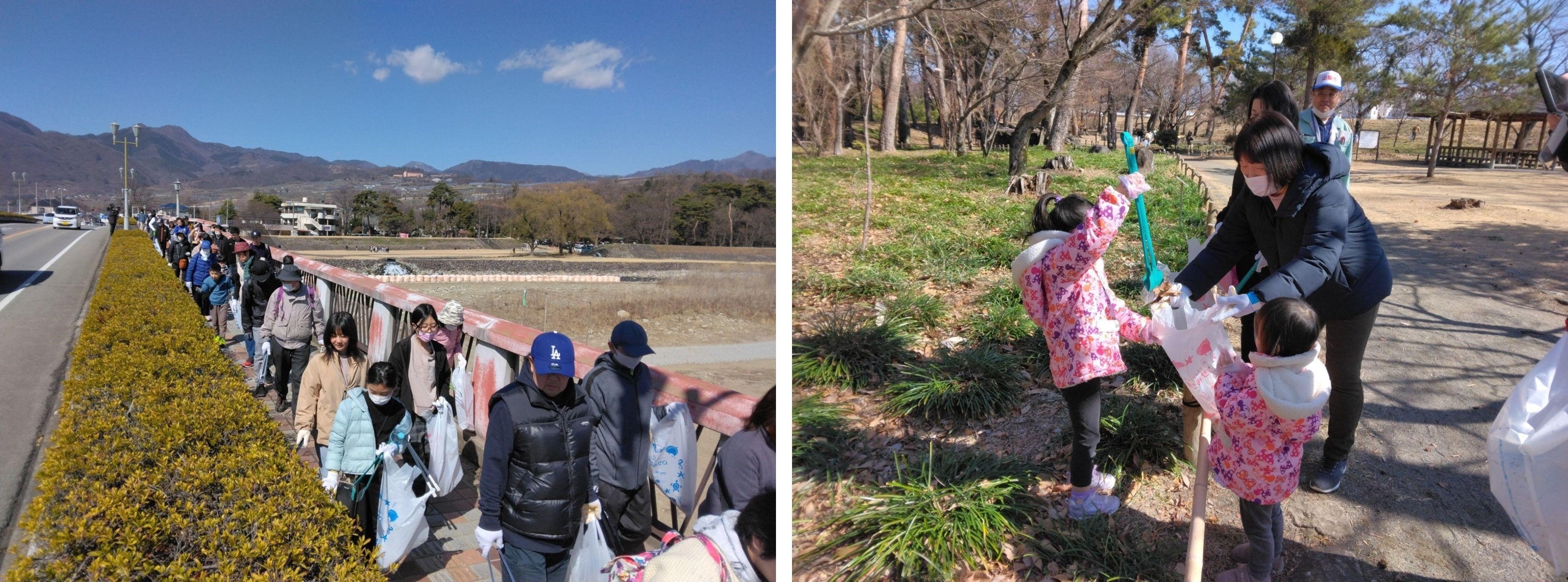 （左）笛吹川に架かる橋の上や植え込みの中にもごみ発見！（右）普段遊んでいる公園で園児も元気に活動
