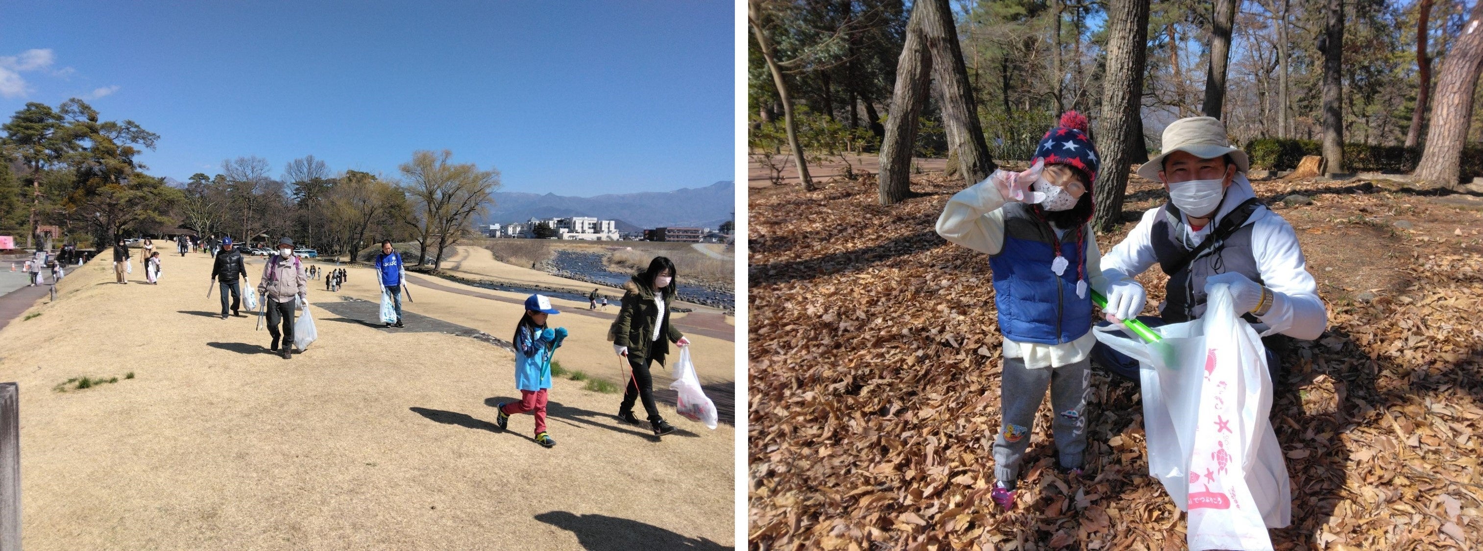 （左）笛吹川の土手沿いを清掃活動する参加者（右）公園内では子供たちの元気な声が響いていました