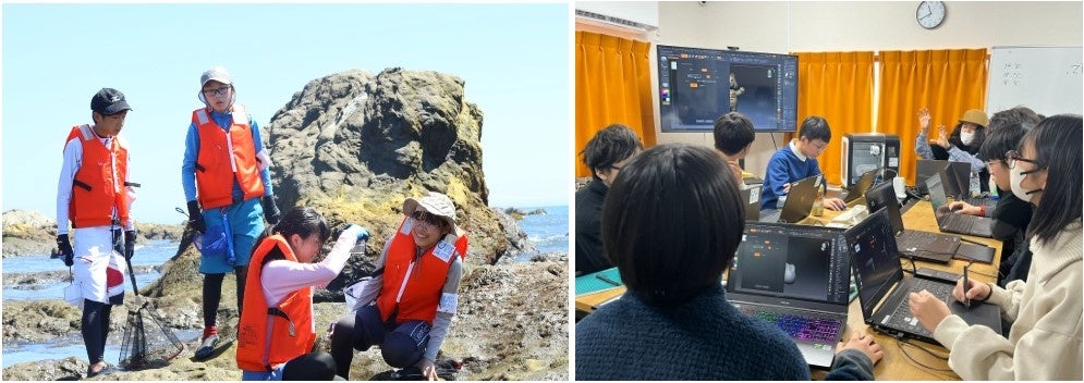 左：海洋合宿で行った海のフィールドワーク　右：3Dモデリングを実戦形式で体験する様子