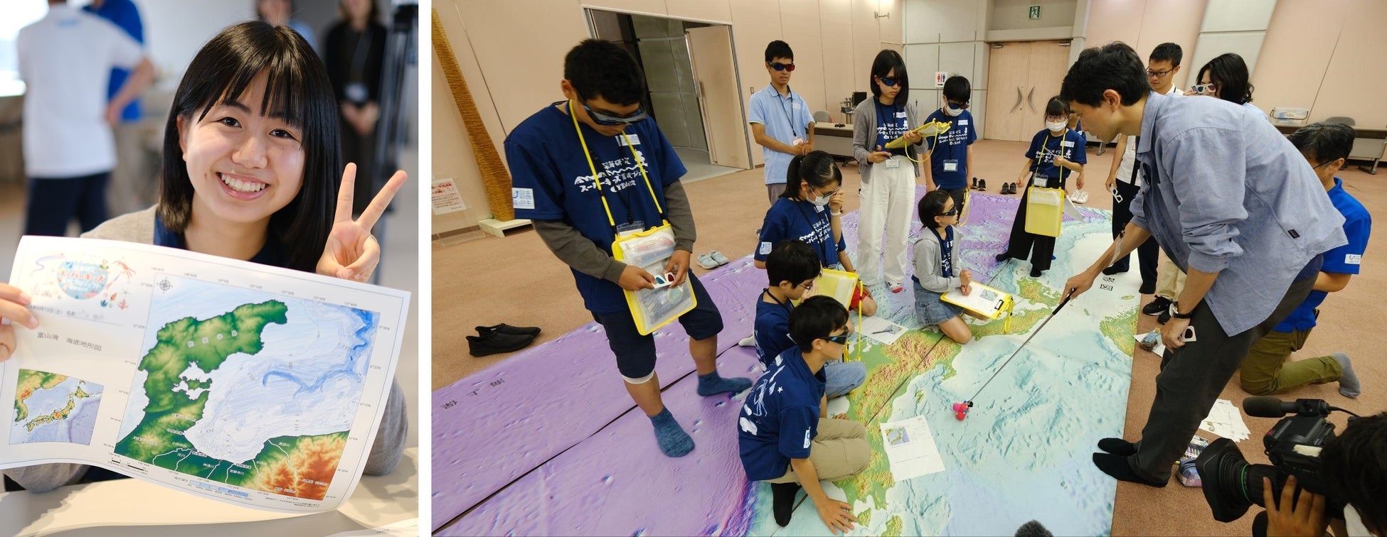 (左)富山湾、キレイに塗れました(右)3D海底地形図で富山湾と似ている地形を探します