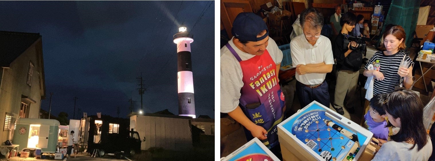 （左）灯台ライトアップとキッチンカーの灯り（右）灯台スマートボールに黒部市長(中央)も釘づけ