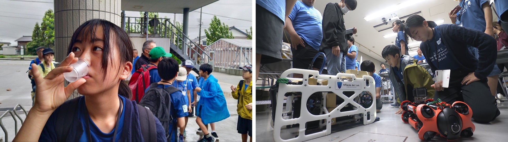 (左)海洋深層水を試飲。意外に美味しい?(右)水中ドローンの機材にも興味深々