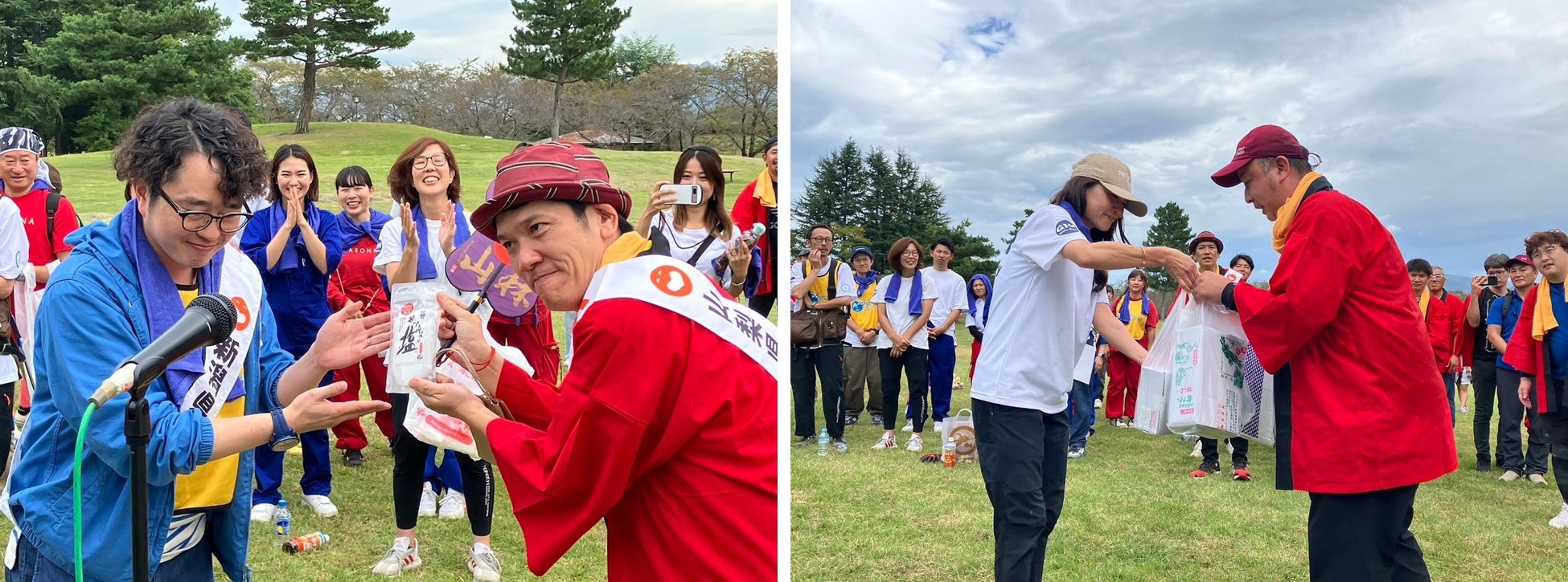 【写真左】「塩」を贈る関田さん(左)といしいさん(右)【写真右】綱本代表(左)と板垣副会長(右)