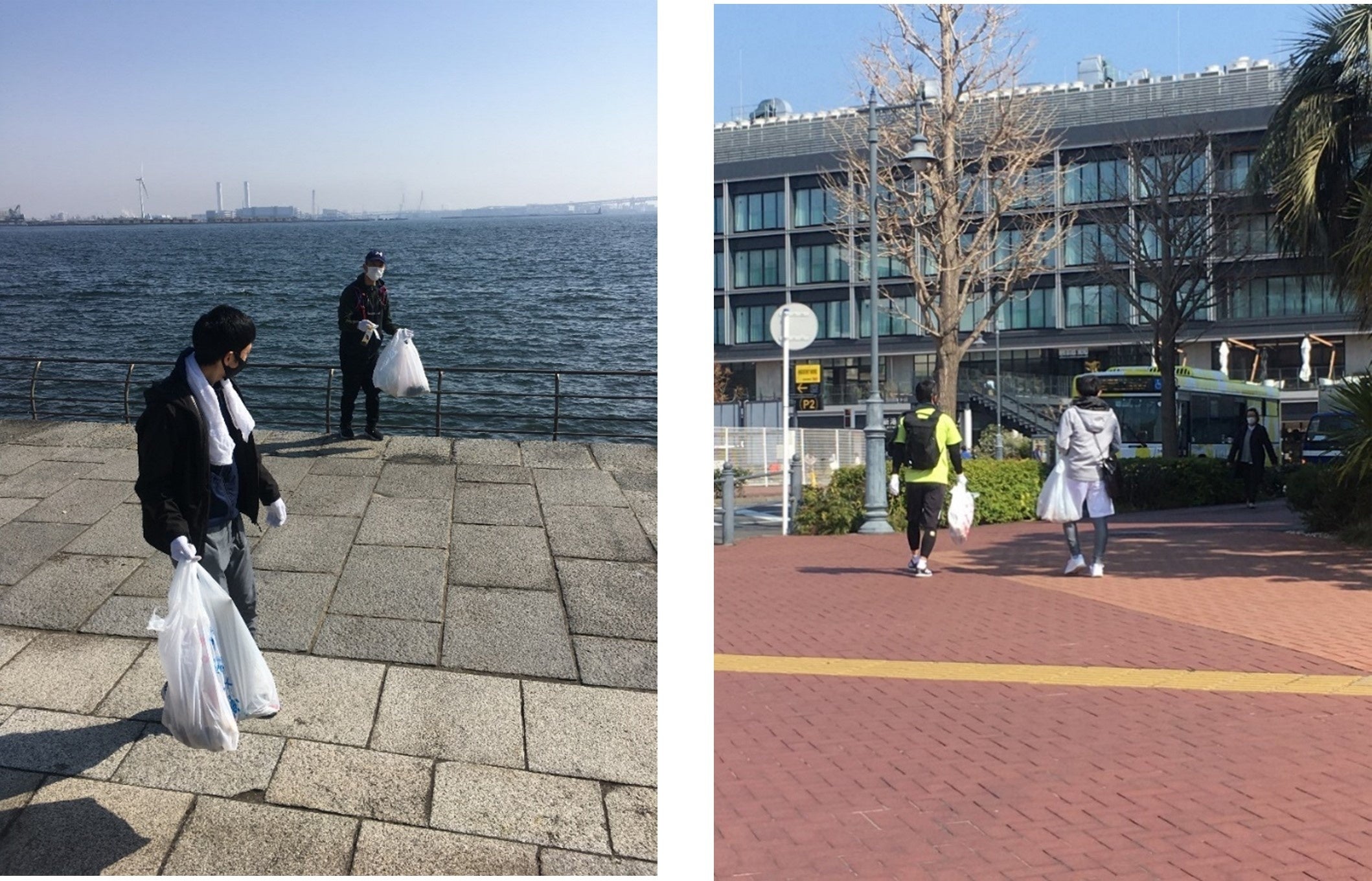(左)お二人でごみ拾いに参加　　(右)マラソン後にごみ拾いに参加したランナーの方々