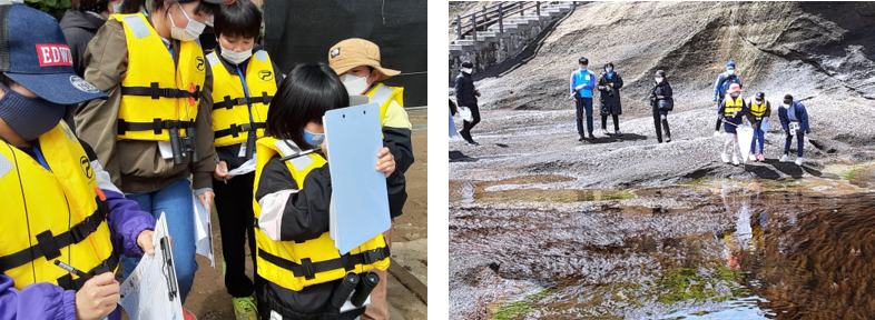 (左)：観察成果はしっかりメモ (右)：留学生とも国際交流