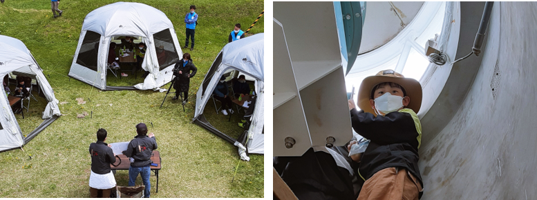 (左)：特別授業にくぎ付け (右)：鴎島灯台一般公開も