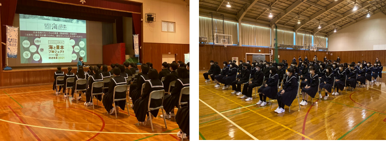 （写真左：スライド授業の様子）（写真右：熱心に聞く生徒たち）