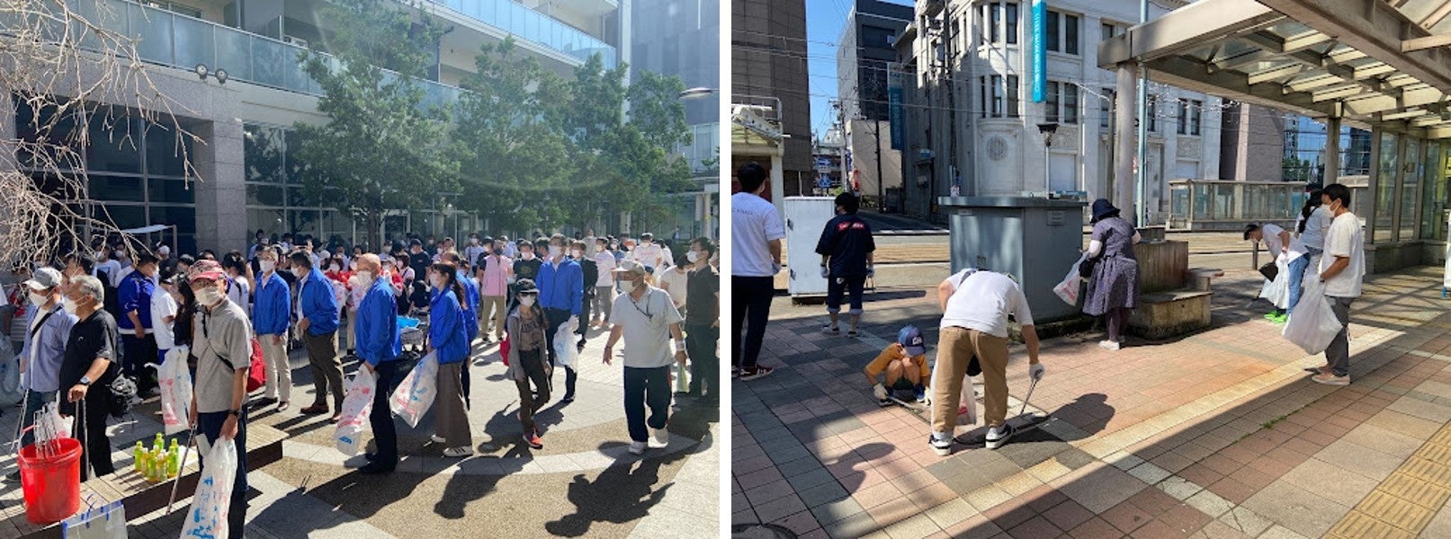 (左)開始式を待つ人々(右)福井の駅前を大勢がごみ拾い