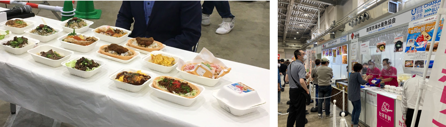 （左）食べられる器とバガス容器 （右）店舗看板でプラスチックフリーをPR