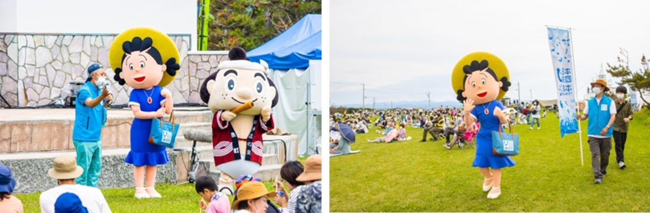 （写真左：サザエさん・しげっちが登場！）（写真右：交流会に移動するサザエさん）