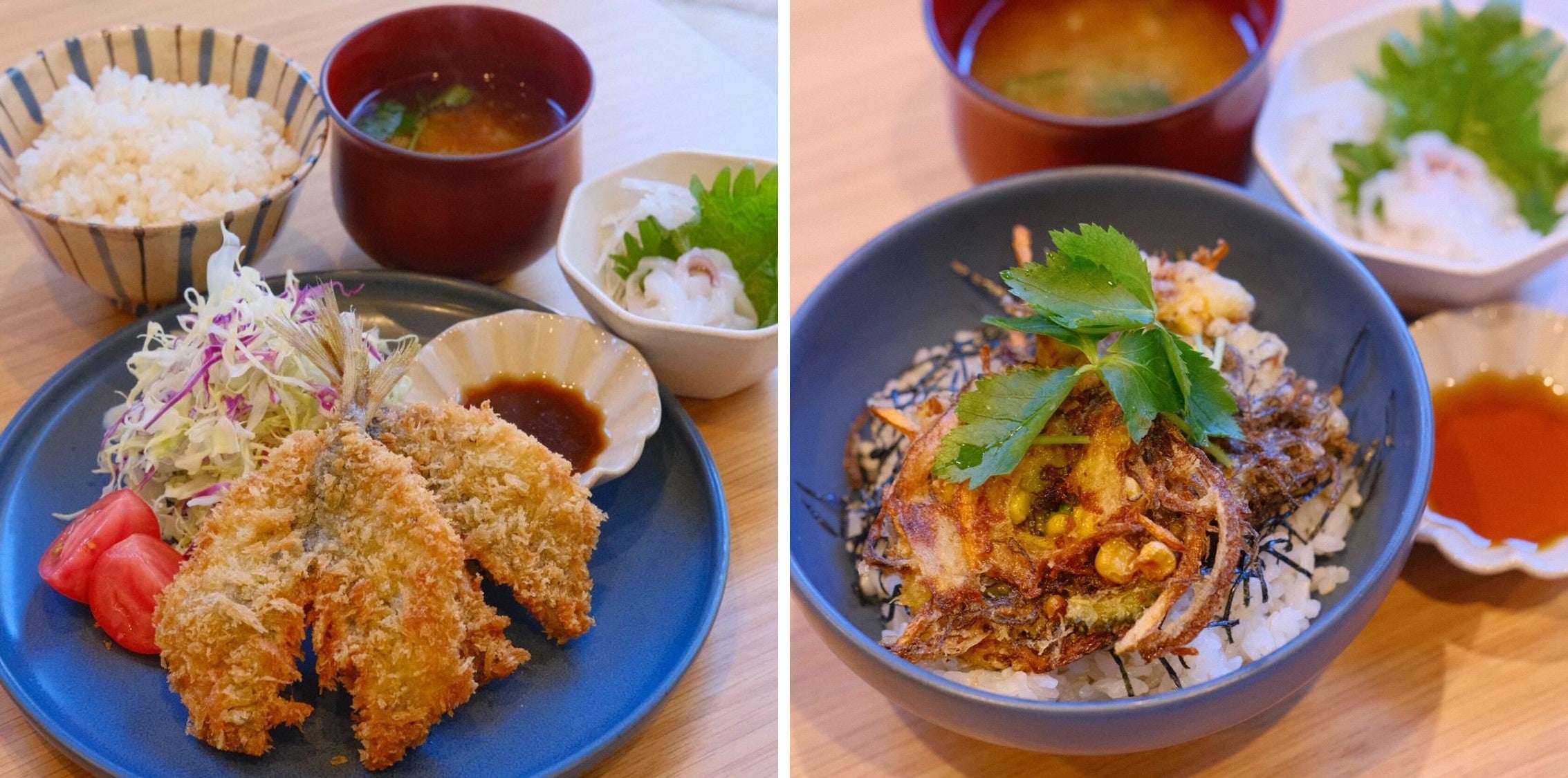 （左）あごだしソースで食べるアジフライ定食（右）ジャコエビともずくのかき揚げ丼
