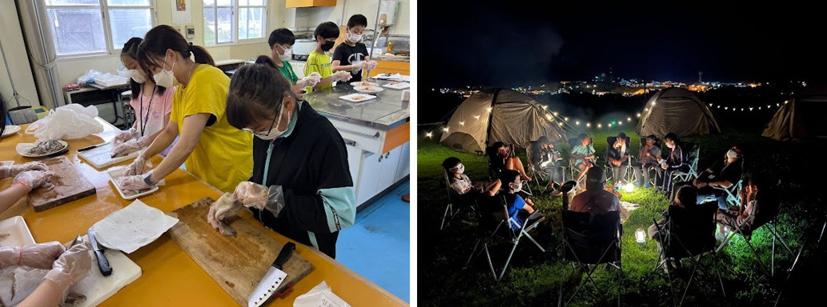 （写真左：初めてのイカ捌きに挑戦）（写真右：これぞキャンプの醍醐味）